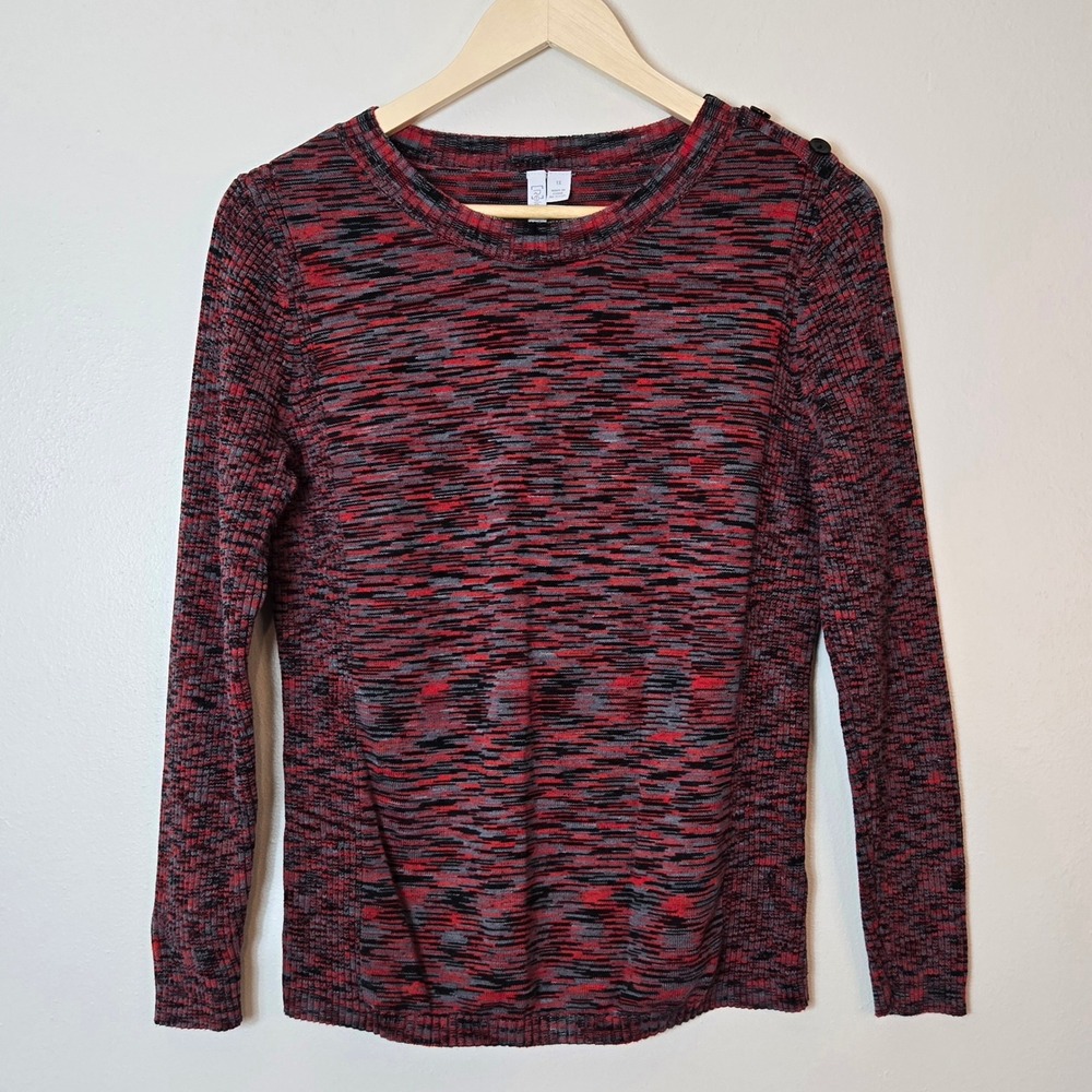 Relativity Womens 1X Red Black‎ Space Dye Knit Top Shoulder Button 100% Cotton